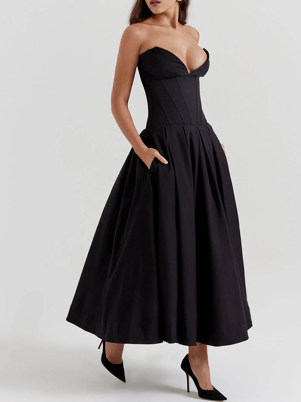 Black Strapless Midi Dress - Image 3
