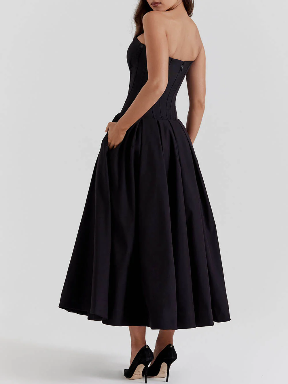 Black Strapless Midi Dress - Image 4