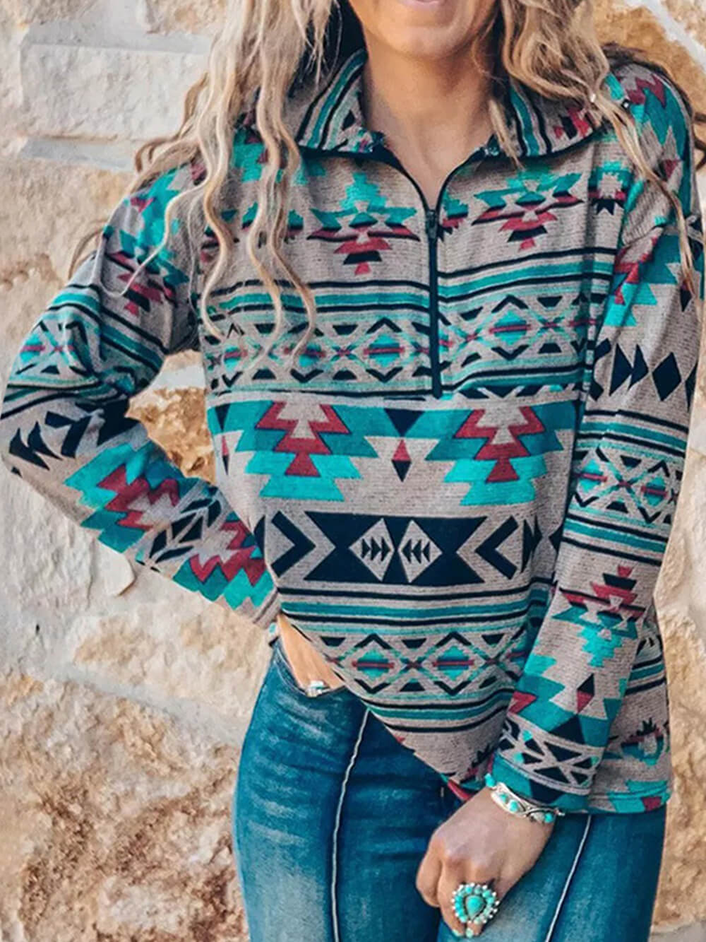 Bohemian Casual Zip-Up Pullover - Image 3