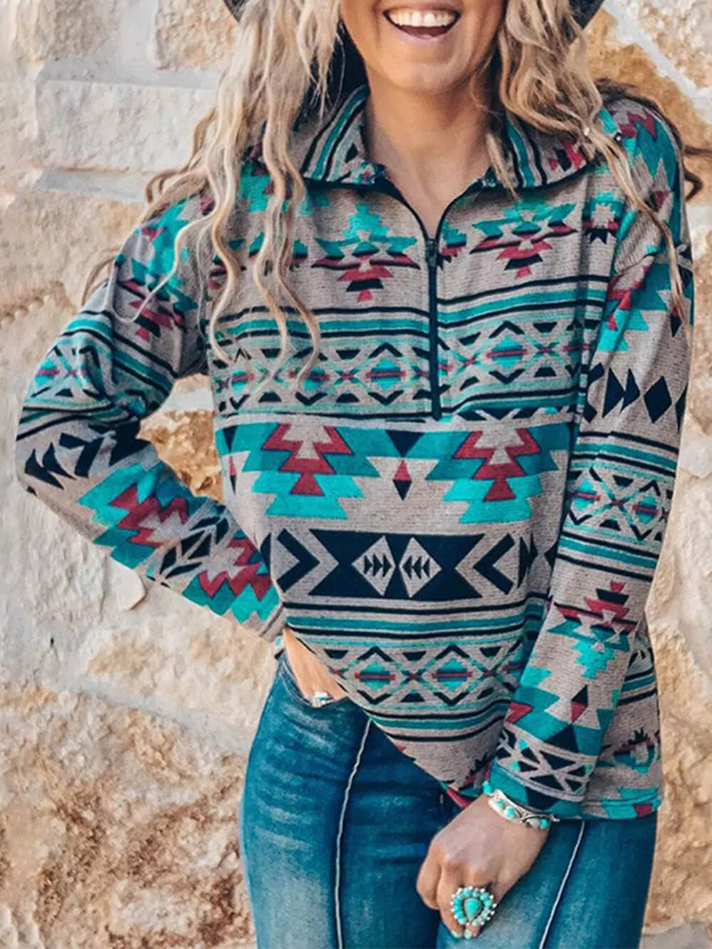 Bohemian Casual Zip-Up Pullover - Image 4