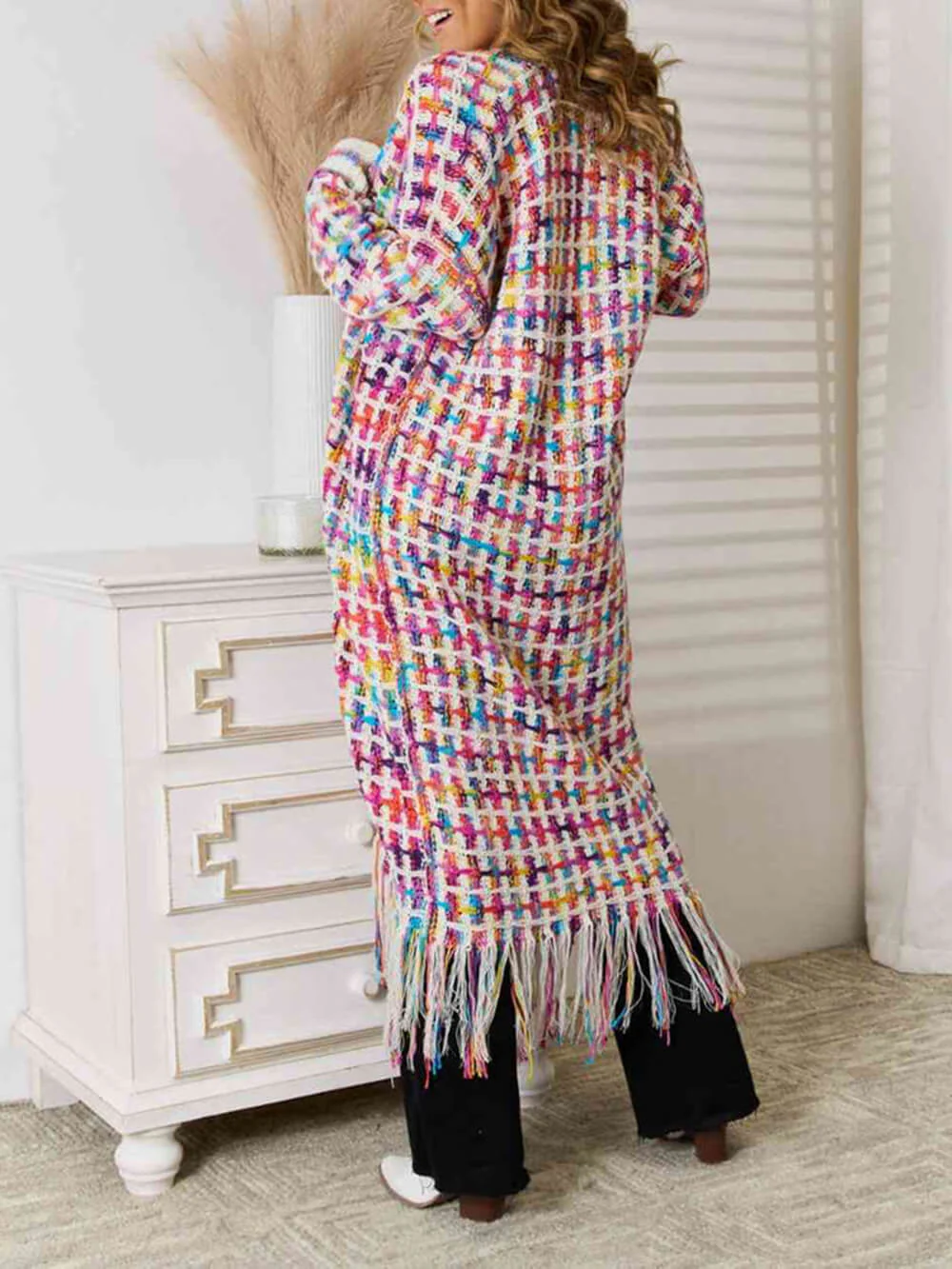 Boho Multicolor Fringe Hem Longline Cardigan - Image 4