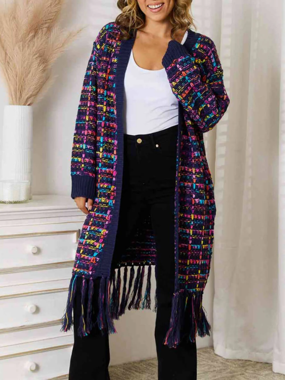 Boho Multicolor Fringe Hem Longline Cardigan - Image 5