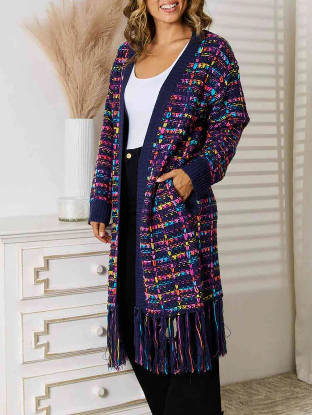 Boho Multicolor Fringe Hem Longline Cardigan - Image 6
