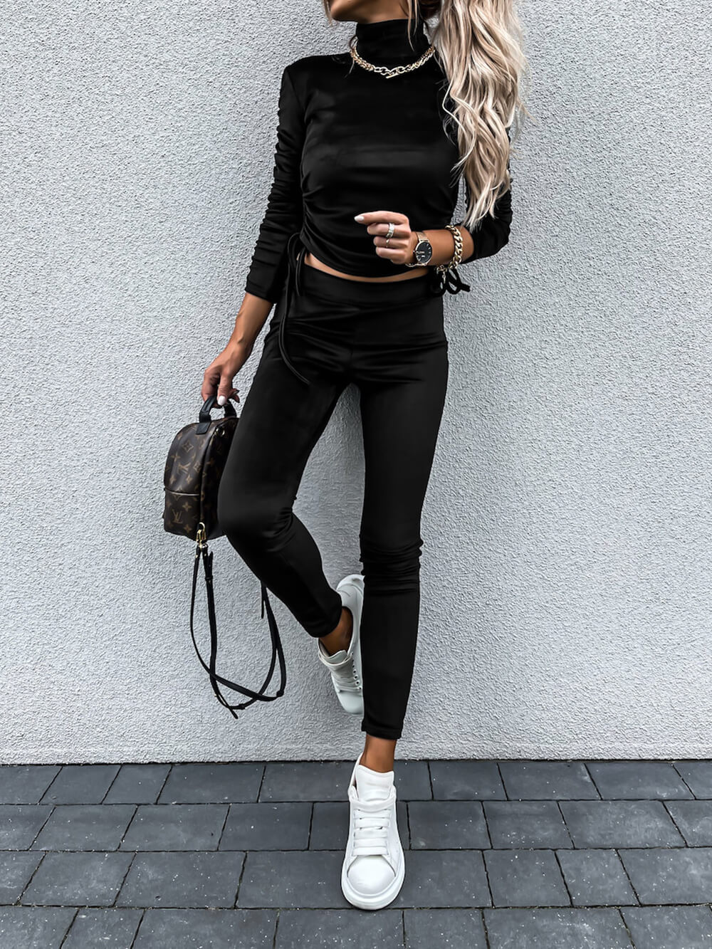 Casual Daily Solid Draw String Fold Turtleneck Long Sleeve Two Pieces - Image 5