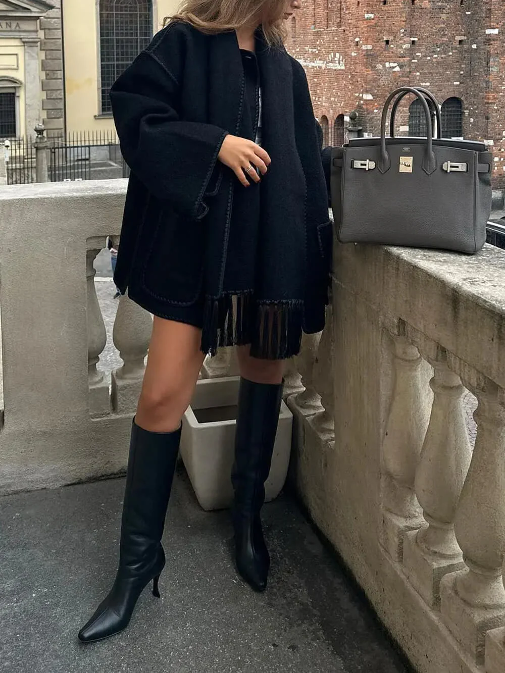 Draped Fringed Blend Jacket With Scarf - Image 4