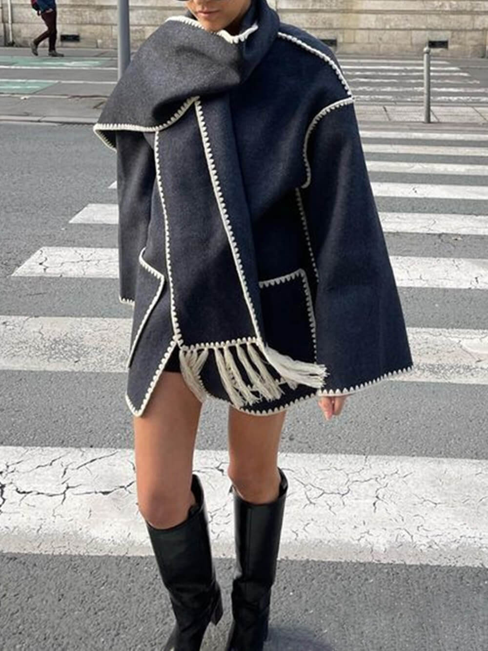 Draped Fringed Blend Jacket With Scarf - Image 8