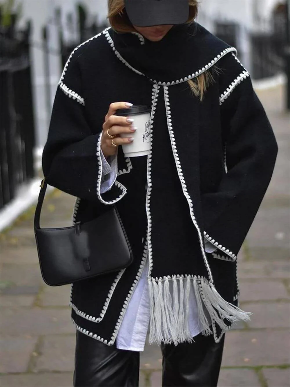 Draped Fringed Blend Jacket With Scarf - Image 9