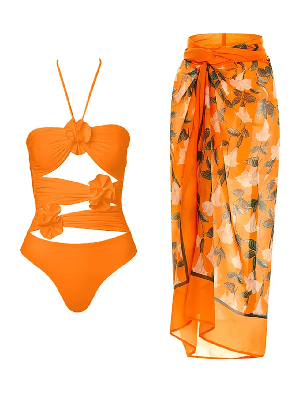 Halter Cutout 3D Flower One Piece Swimsuit and Sarong - Image 5