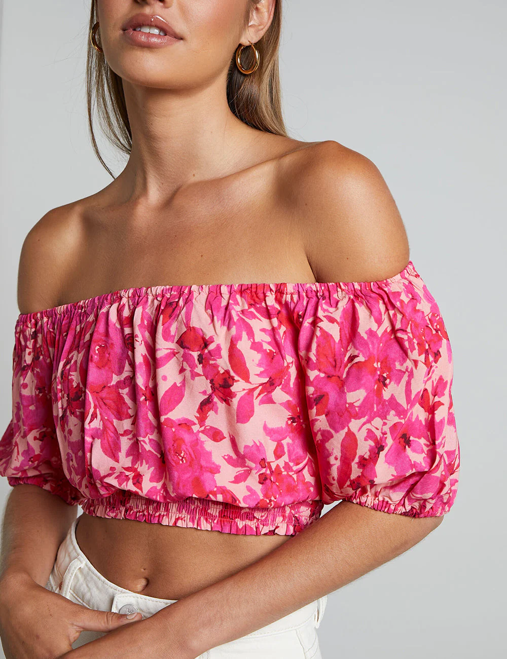 Off Shoulder Puff Sleeve Shirred Top In Pink Floral - Image 3