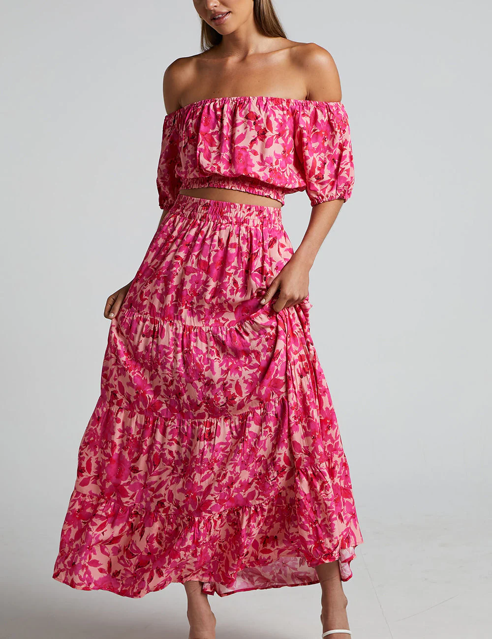 Off Shoulder Puff Sleeve Shirred Top In Pink Floral - Image 4