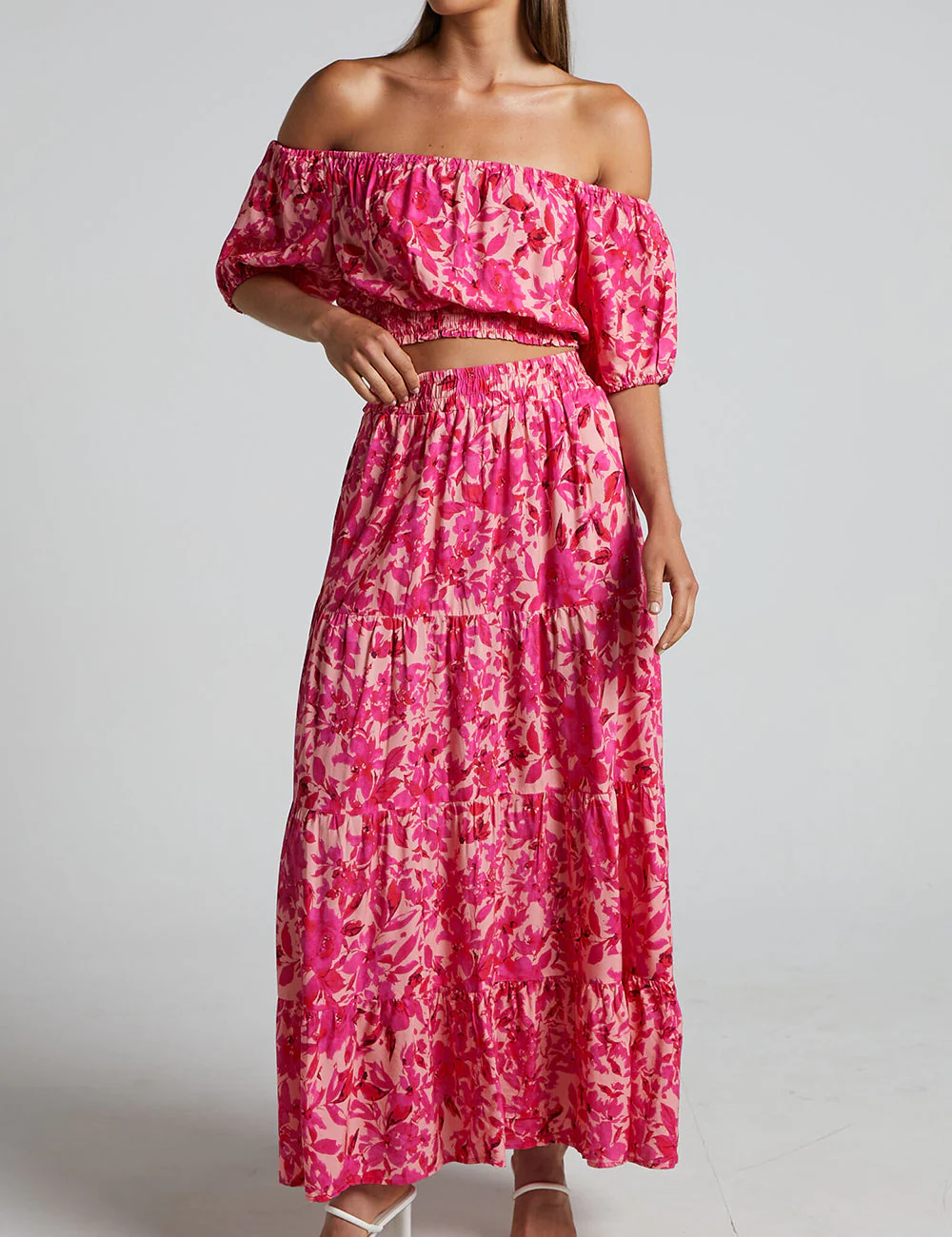 Off Shoulder Puff Sleeve Shirred Top In Pink Floral - Image 5