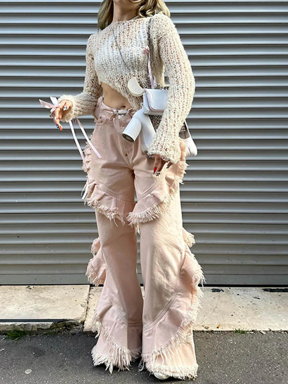 Pink Low-waisted Raw Edge Jeans - Image 4