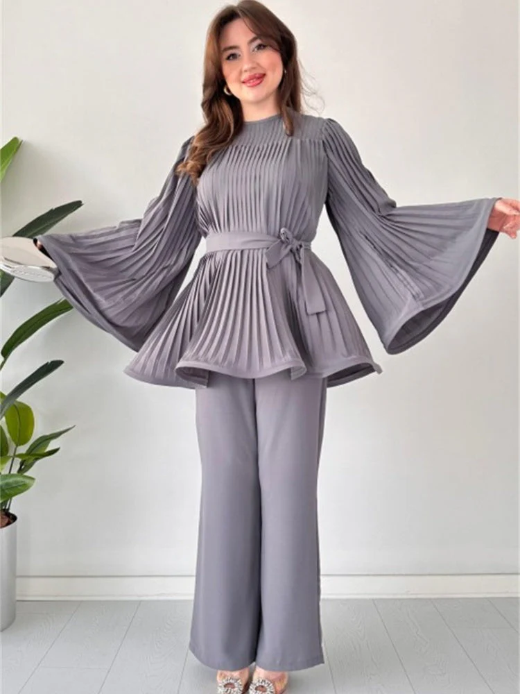 Pleated Flare Tops Pants Set - Image 11