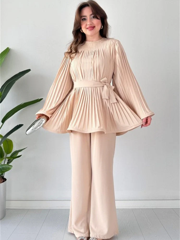 Pleated Flare Tops Pants Set - Image 12