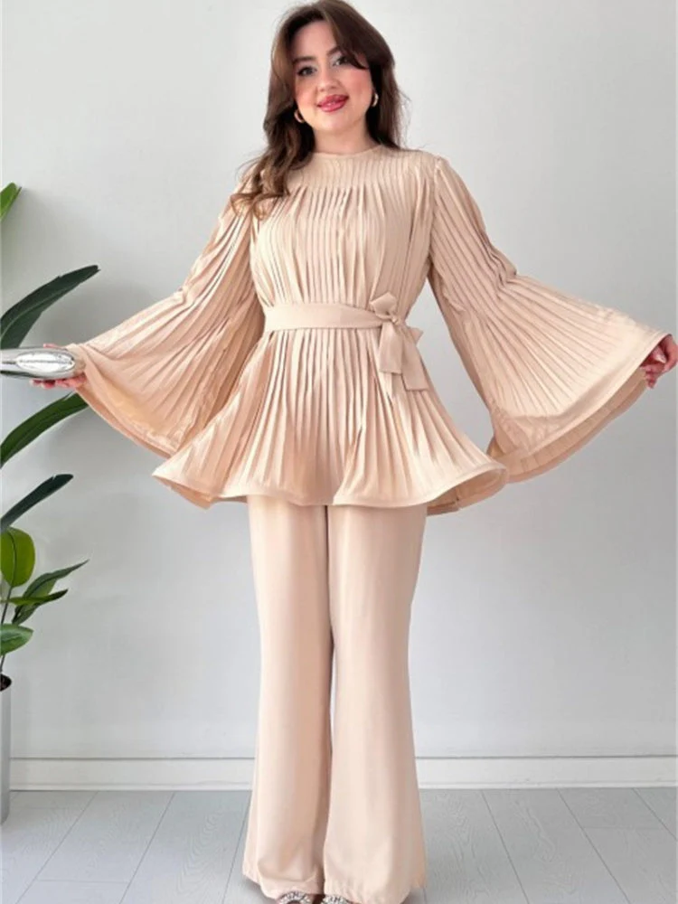 Pleated Flare Tops Pants Set - Image 13