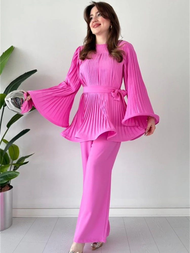 Pleated Flare Tops Pants Set - Image 17