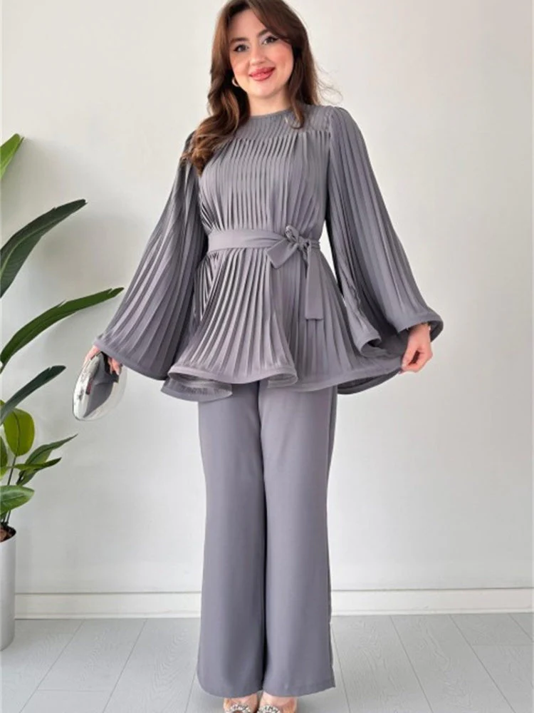 Pleated Flare Tops Pants Set - Image 9