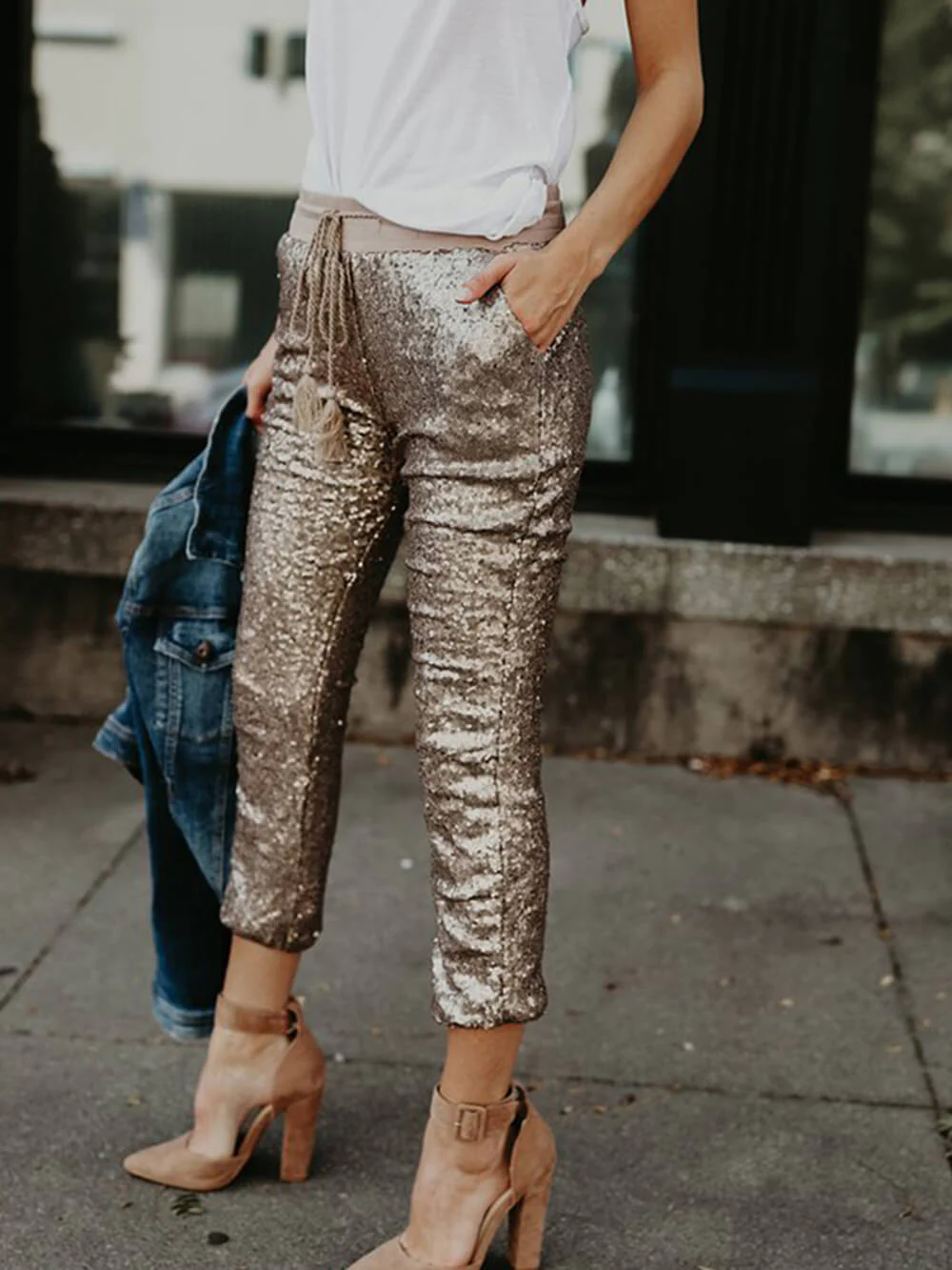 Sequined Elastic Waist Tie Trousers - Image 3