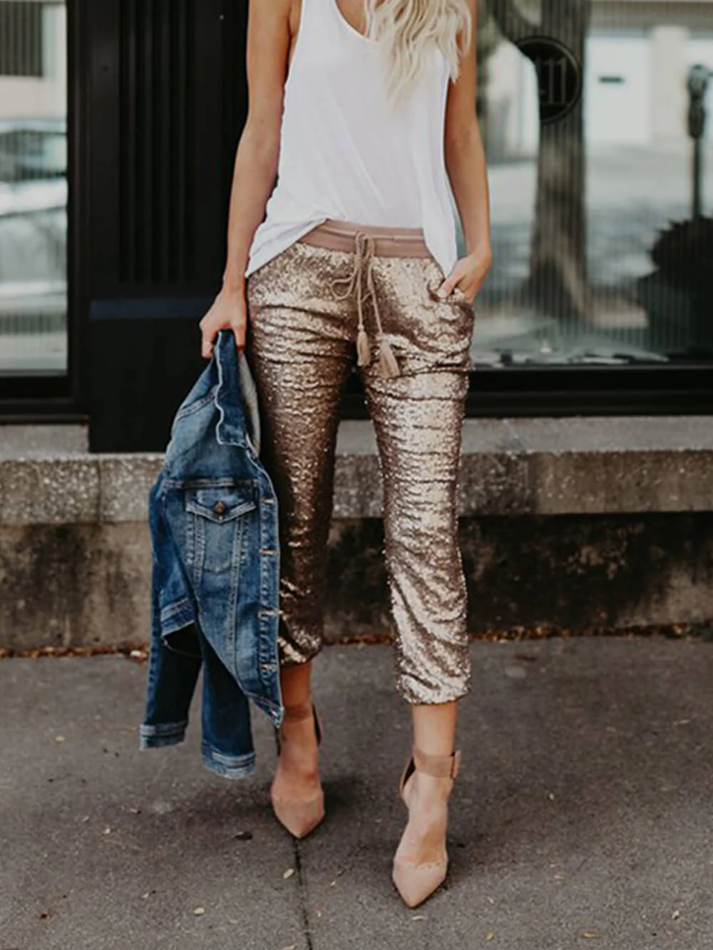 Sequined Elastic Waist Tie Trousers - Image 4