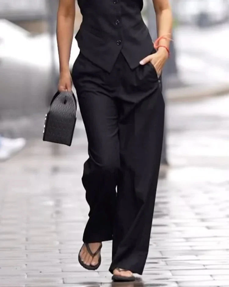 Sloping-Shoulder Vest Boyfriend Pant Set - Image 3