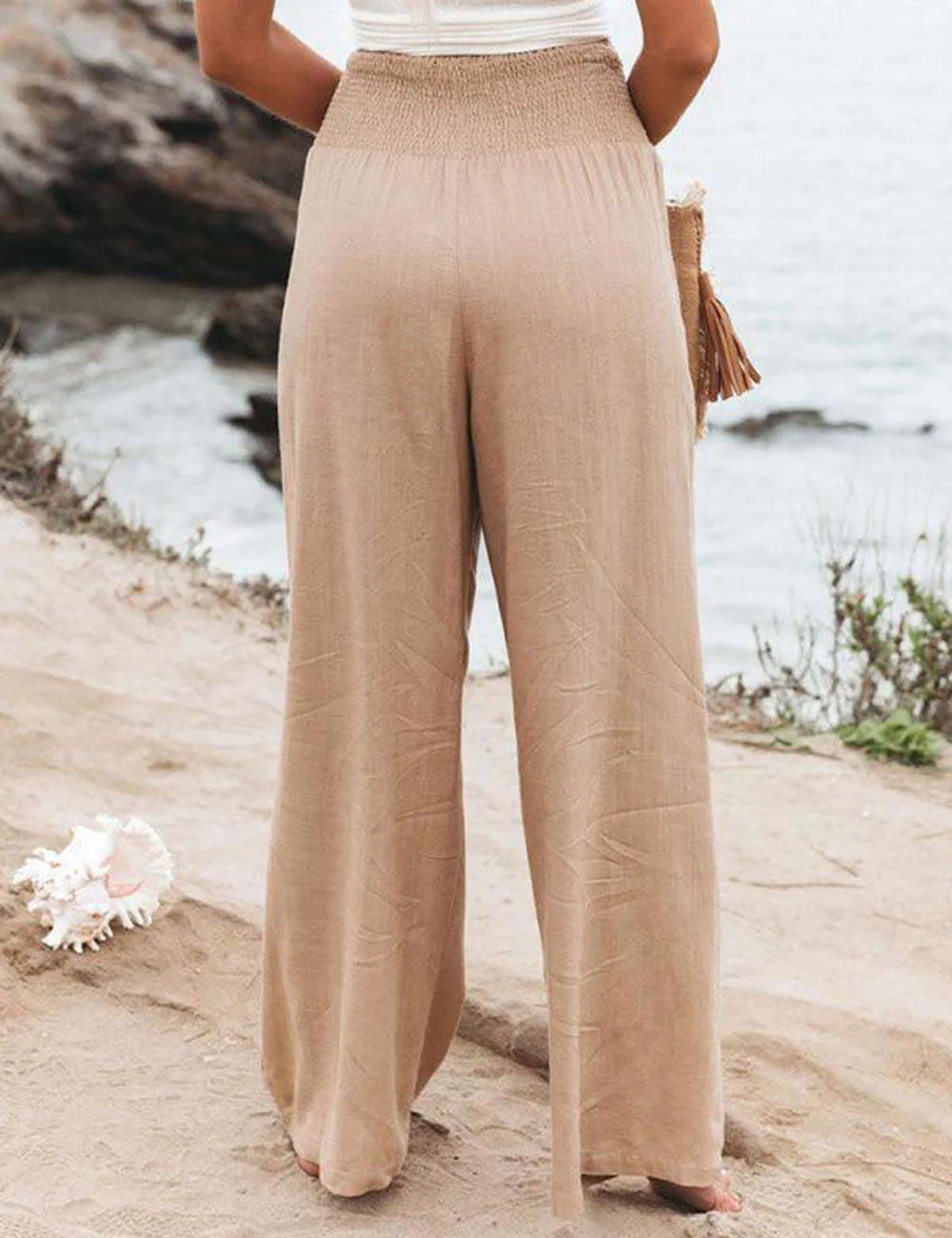 Smocked Waist Side-seam Wide Leg Linen Pants - Image 3