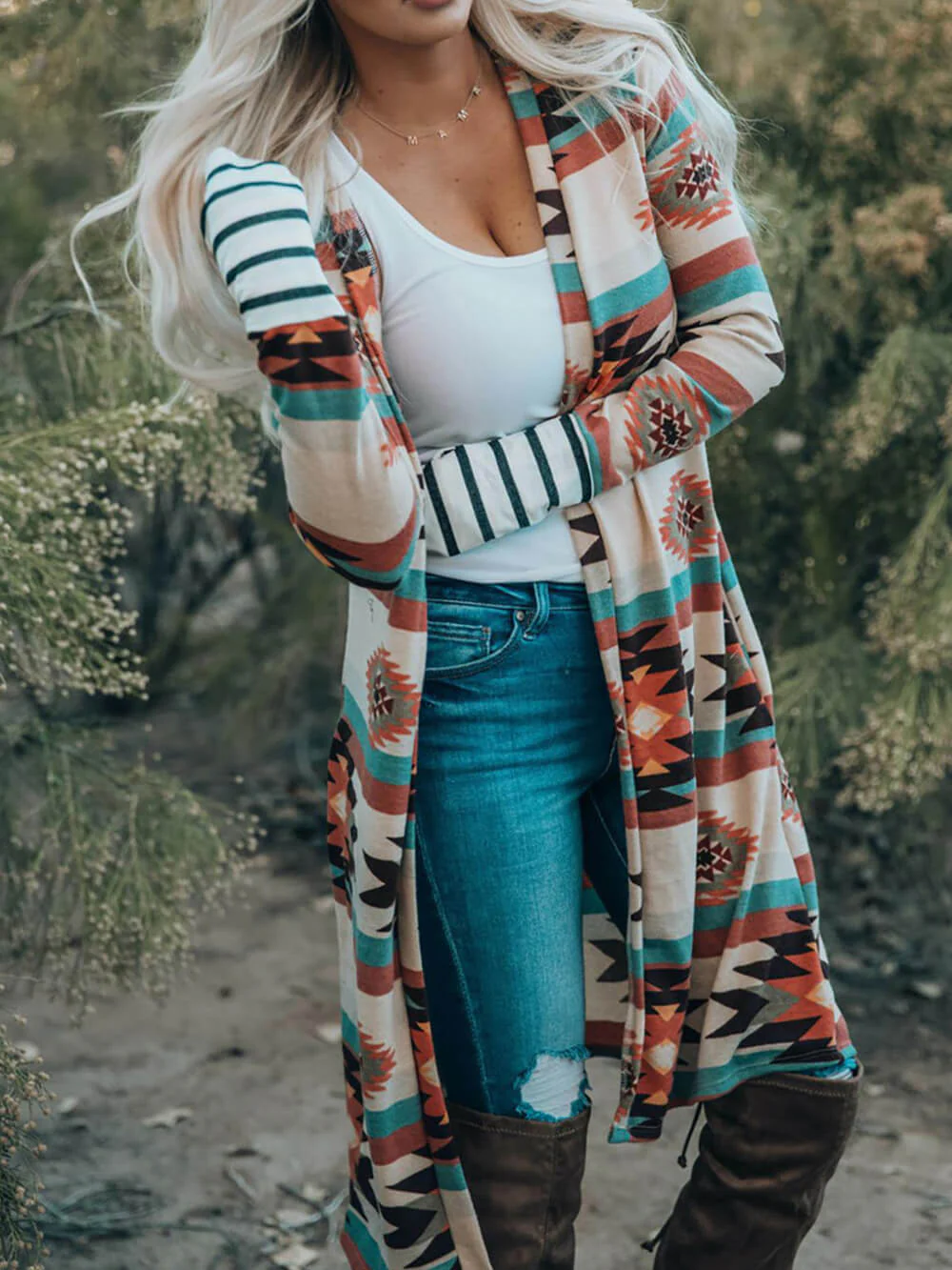 Multicolor Geometric Color Block Long Cardigan - Image 4