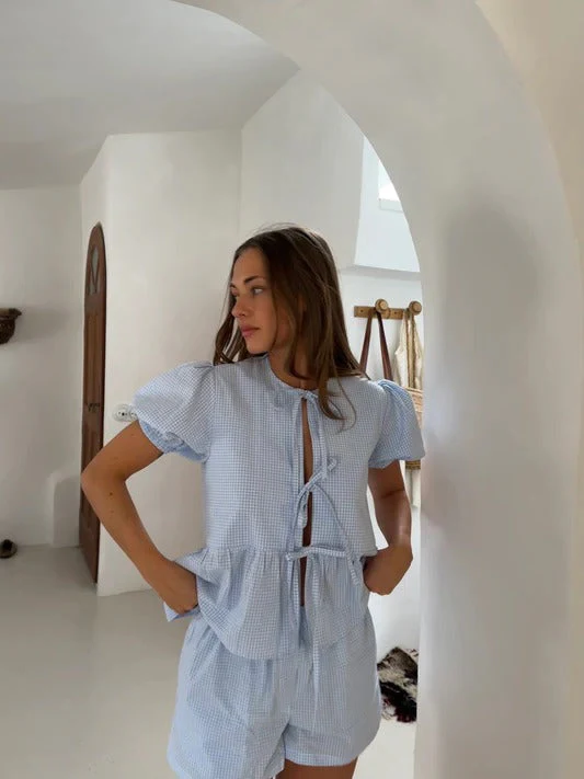 Tie Front Cotton Peplum Blouse Shorts - Image 3