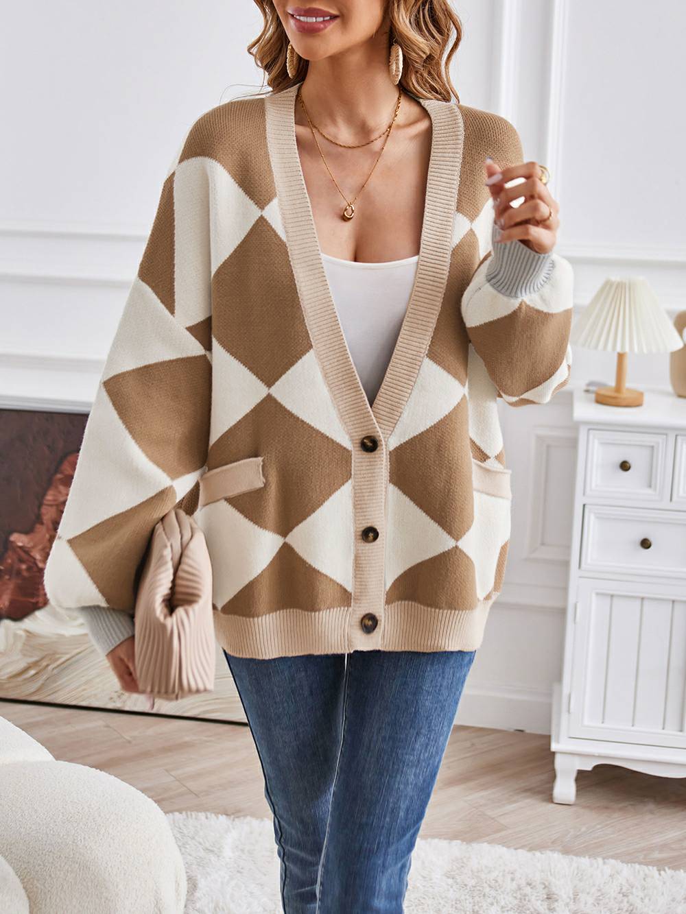 V-Neck Geometric Color Block Knit Cardigan - Image 12