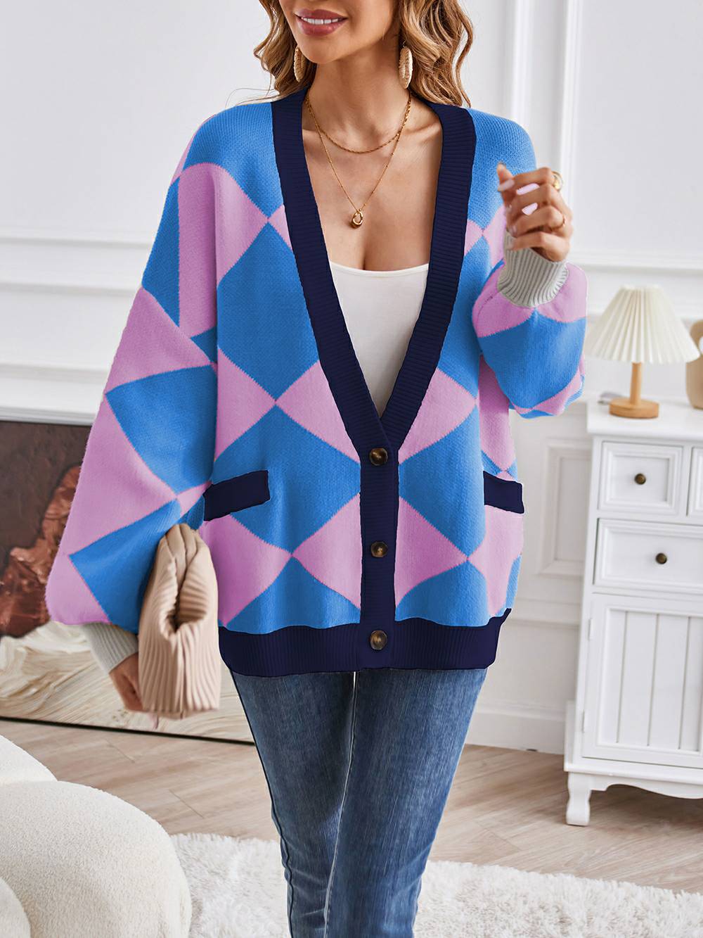 V-Neck Geometric Color Block Knit Cardigan - Image 14