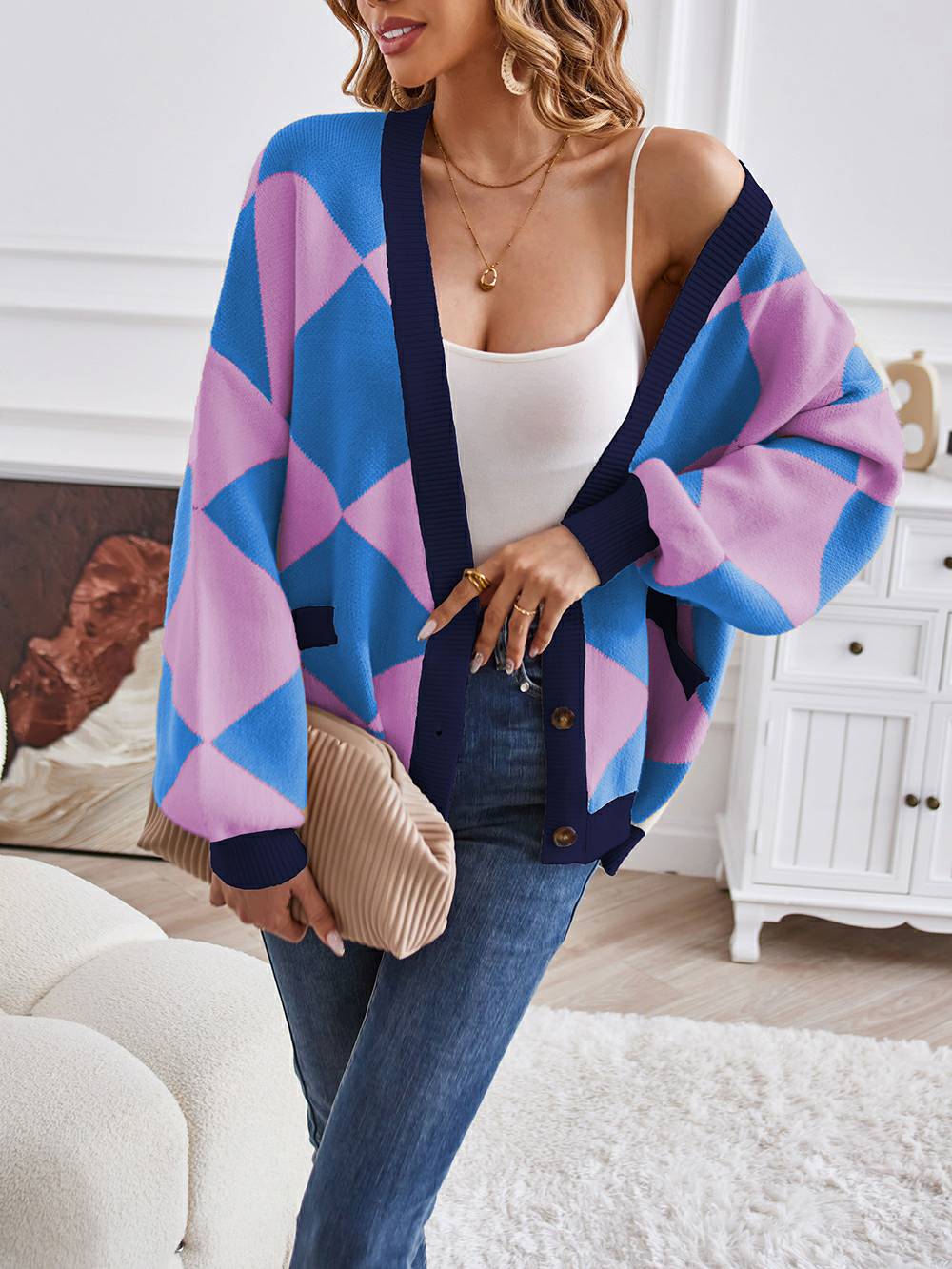 V-Neck Geometric Color Block Knit Cardigan - Image 15