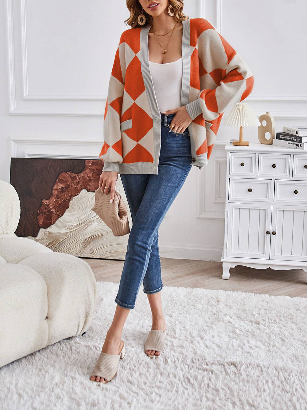 V-Neck Geometric Color Block Knit Cardigan - Image 3