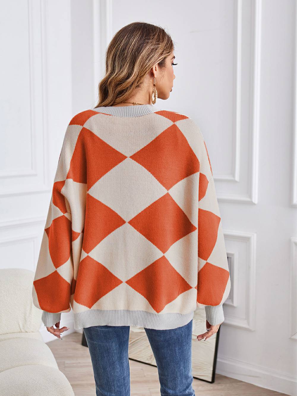 V-Neck Geometric Color Block Knit Cardigan - Image 5