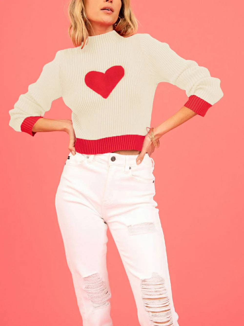 Valentine's Day Heart Pattern Turtleneck Knit Sweater - Image 13
