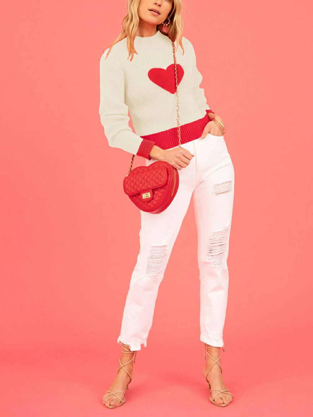 Valentine's Day Heart Pattern Turtleneck Knit Sweater - Image 15