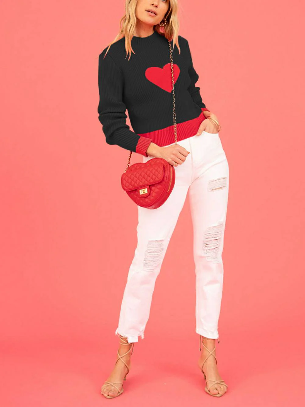 Valentine's Day Heart Pattern Turtleneck Knit Sweater - Image 5