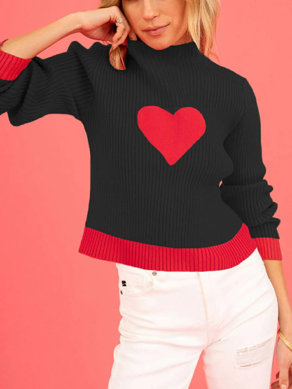 Valentine's Day Heart Pattern Turtleneck Knit Sweater - Image 6